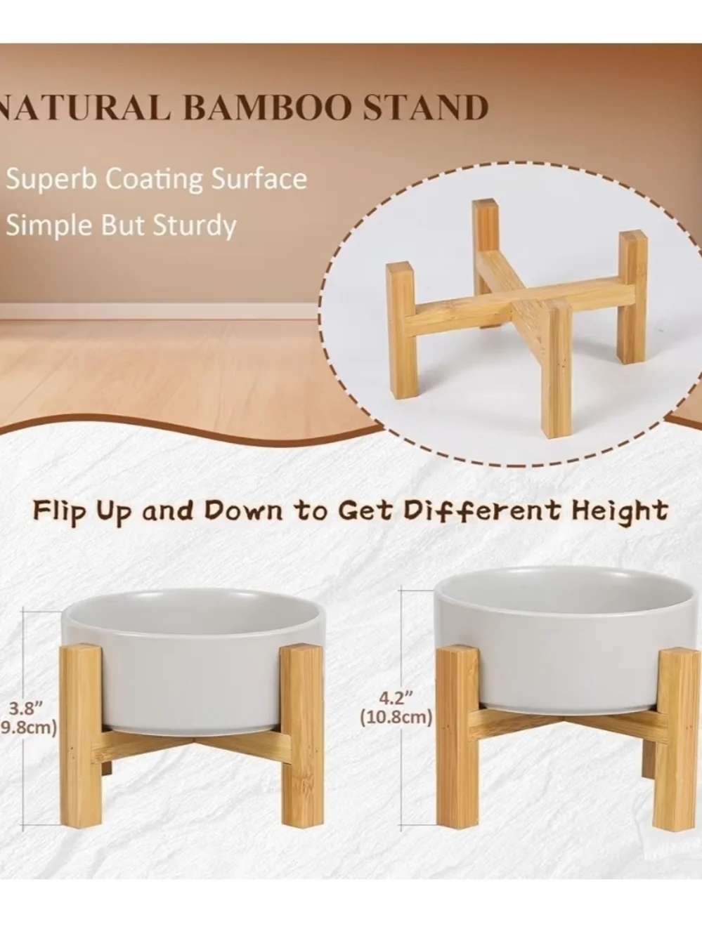 Natural Bamboo Pet Bowl Stand with Ceramic Bowl - Light Wood & White